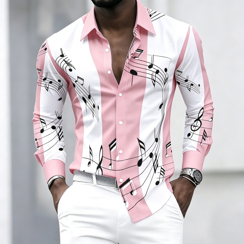 قميص رجالي بياقة وطباعة نوتات  - مراجعة Music وسعره